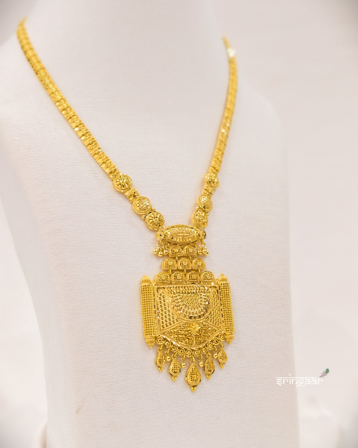Traditional Architectural Pendant Gold-Look Long Necklace