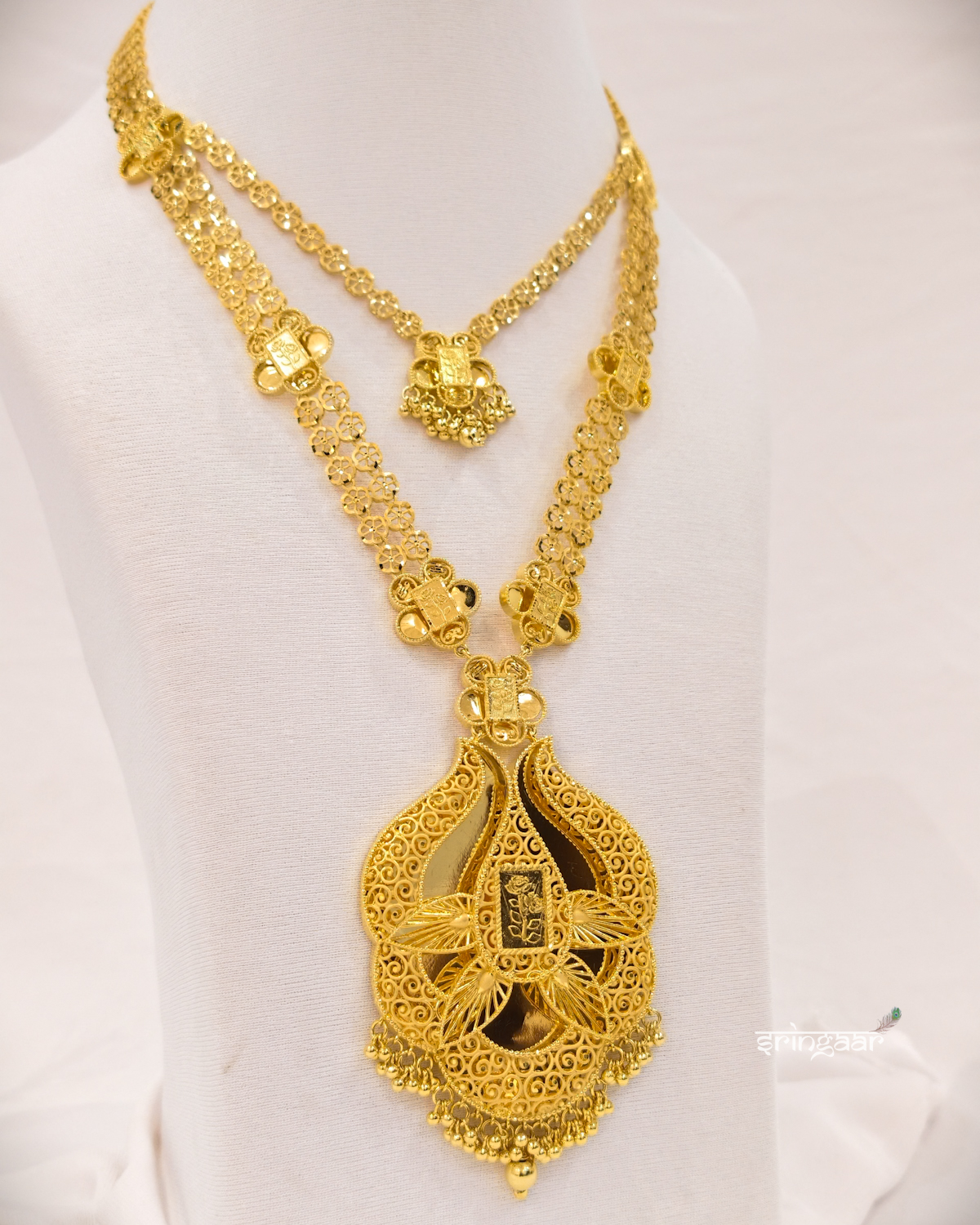 Traditional Layered Filigree Pendant Gold-Look Long Necklace