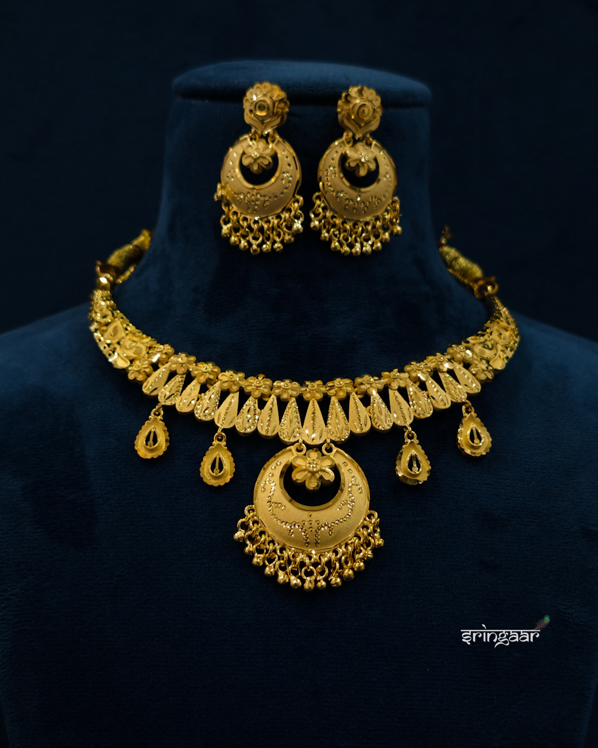 Traditional Crescent Pendant Gold-Look Necklace Set with Matching Earrings