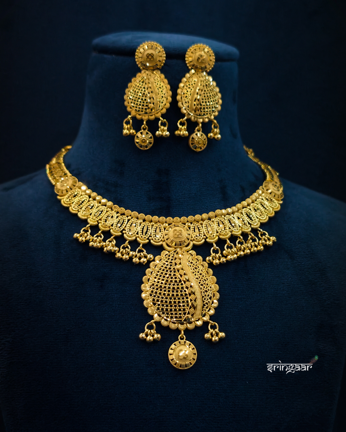 Traditional Gold-Look Peacock Pendant Necklace Set with Matching Earrings