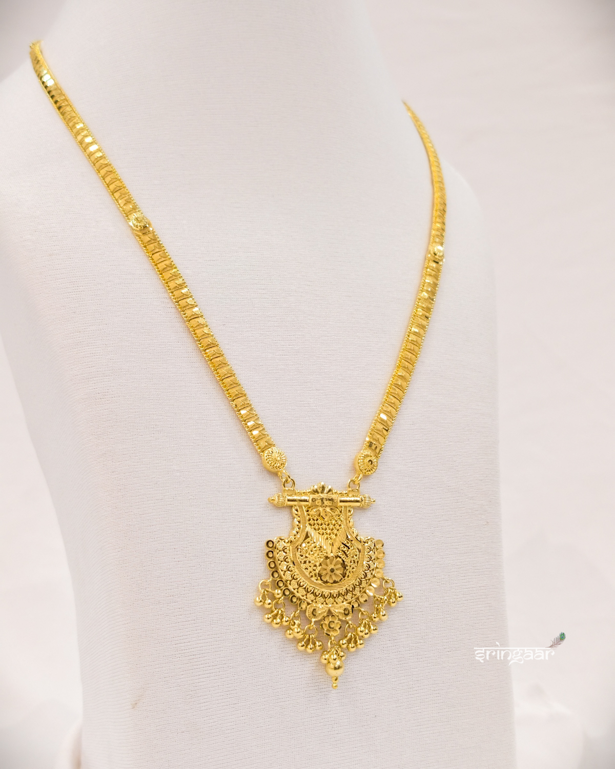 Traditional Ornate Drop Pendant Gold-Look Long Necklace