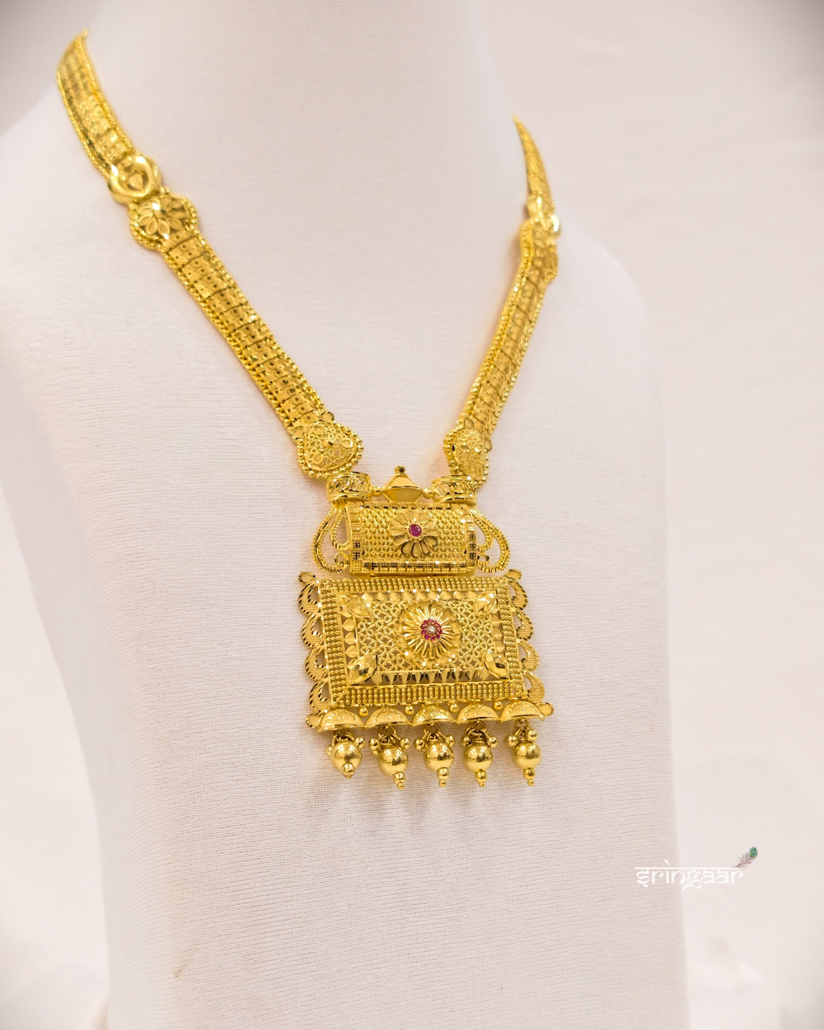 Traditional Rectangular Pendant Gold-Look Long Necklace