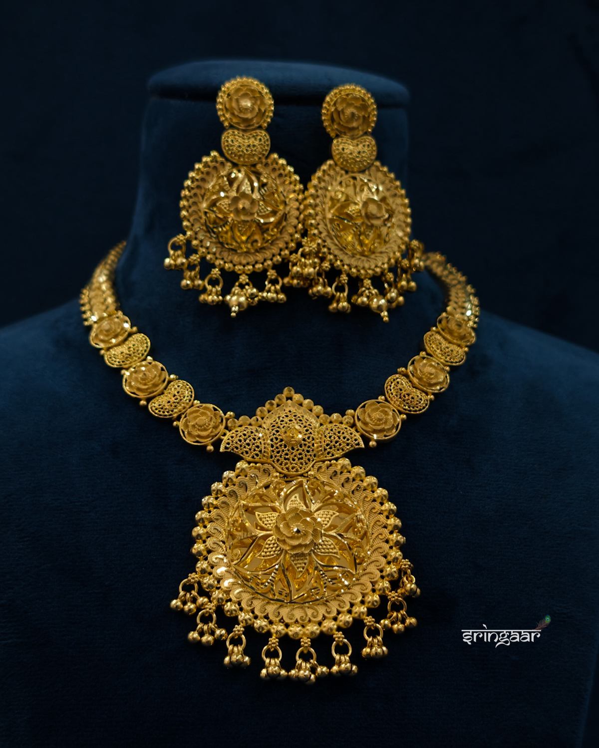 Traditional Floral Medallion Gold-Look Necklace Set with Matching Earrings