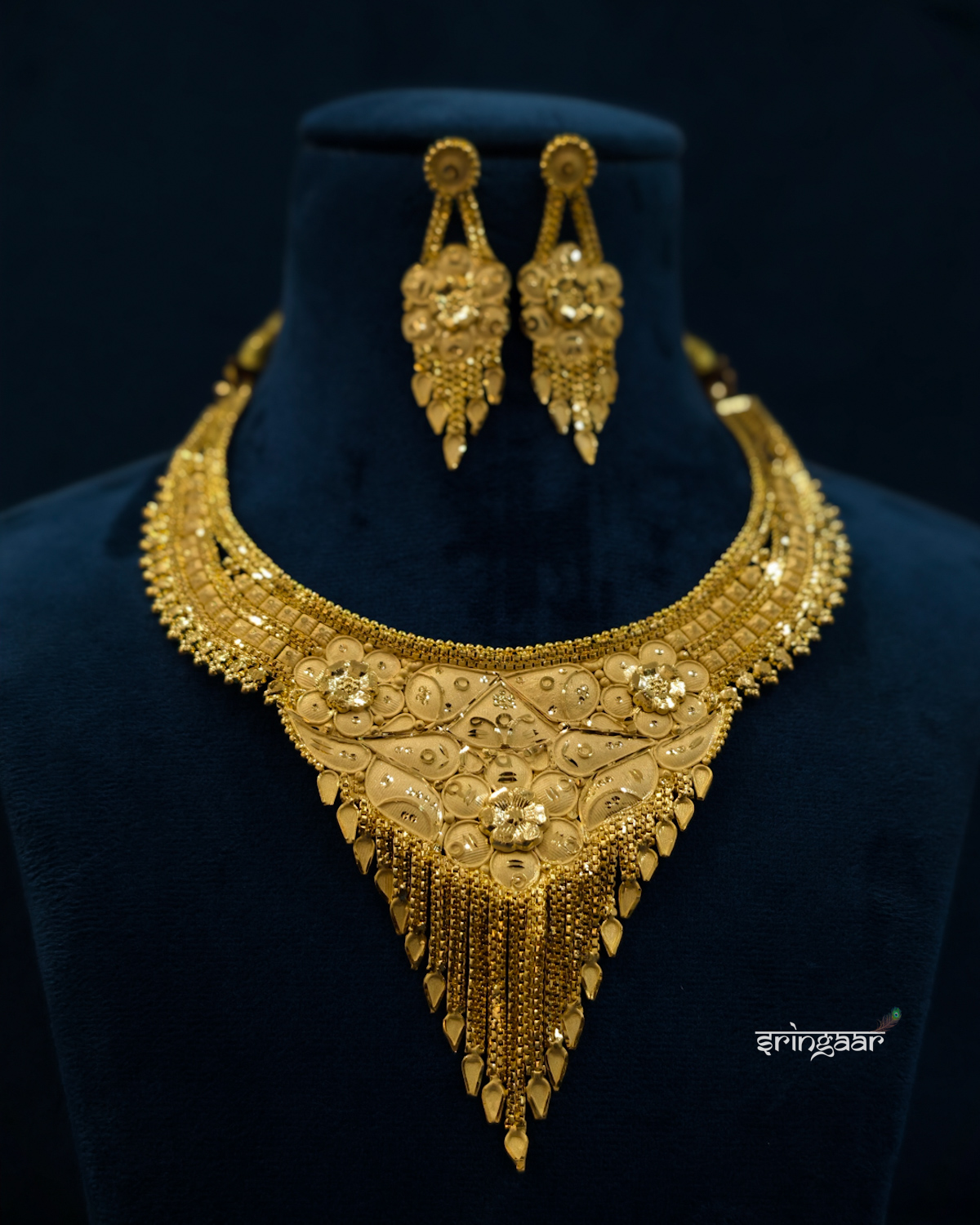 Traditional Floral Tassel Gold-Look Necklace Set with Matching Earrings