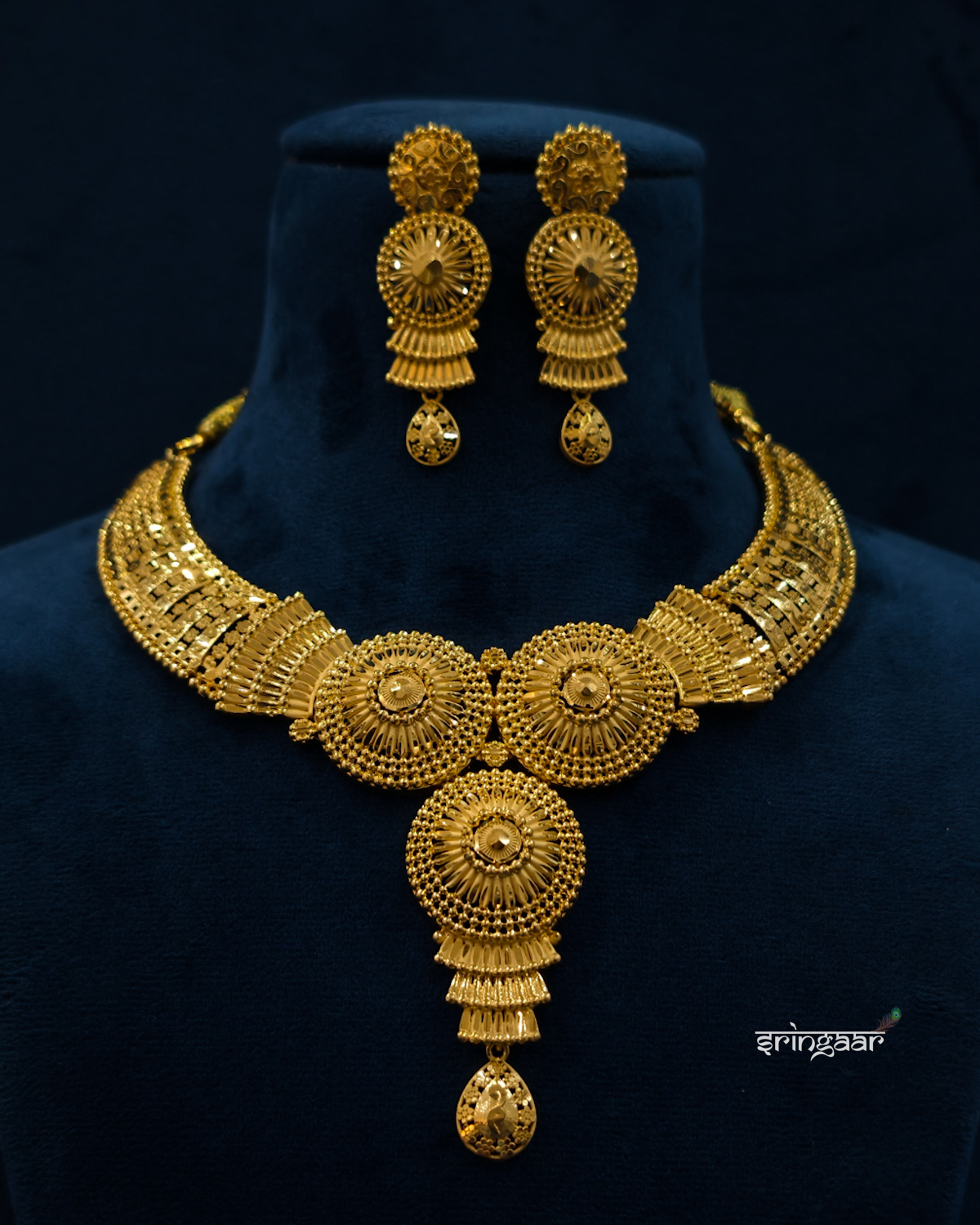 Traditional Circular Motif Gold-Look Necklace Set with Matching Earrings