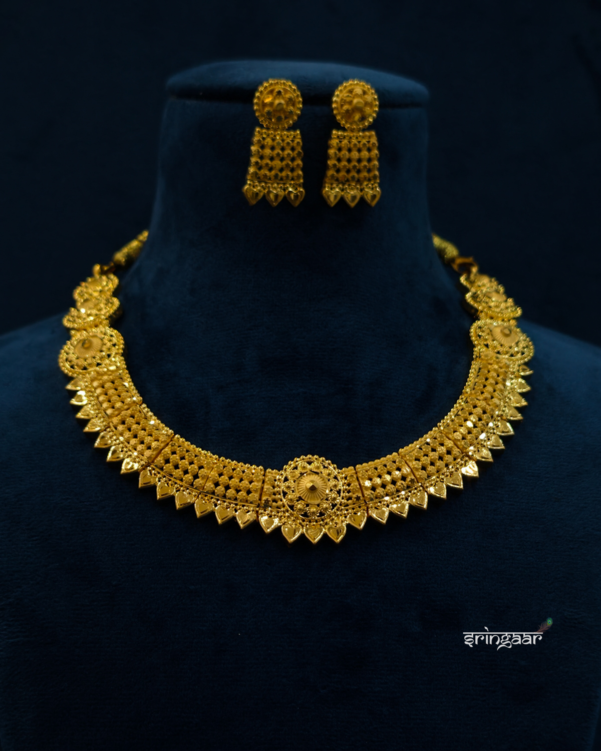 Traditional Gold-Look Filigree Necklace Set with Matching Earrings