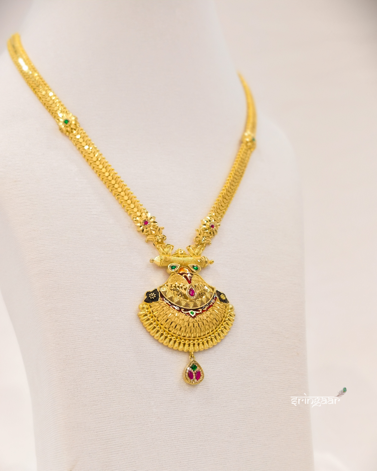Traditional Peacock Motif Gold-Look Long Necklace