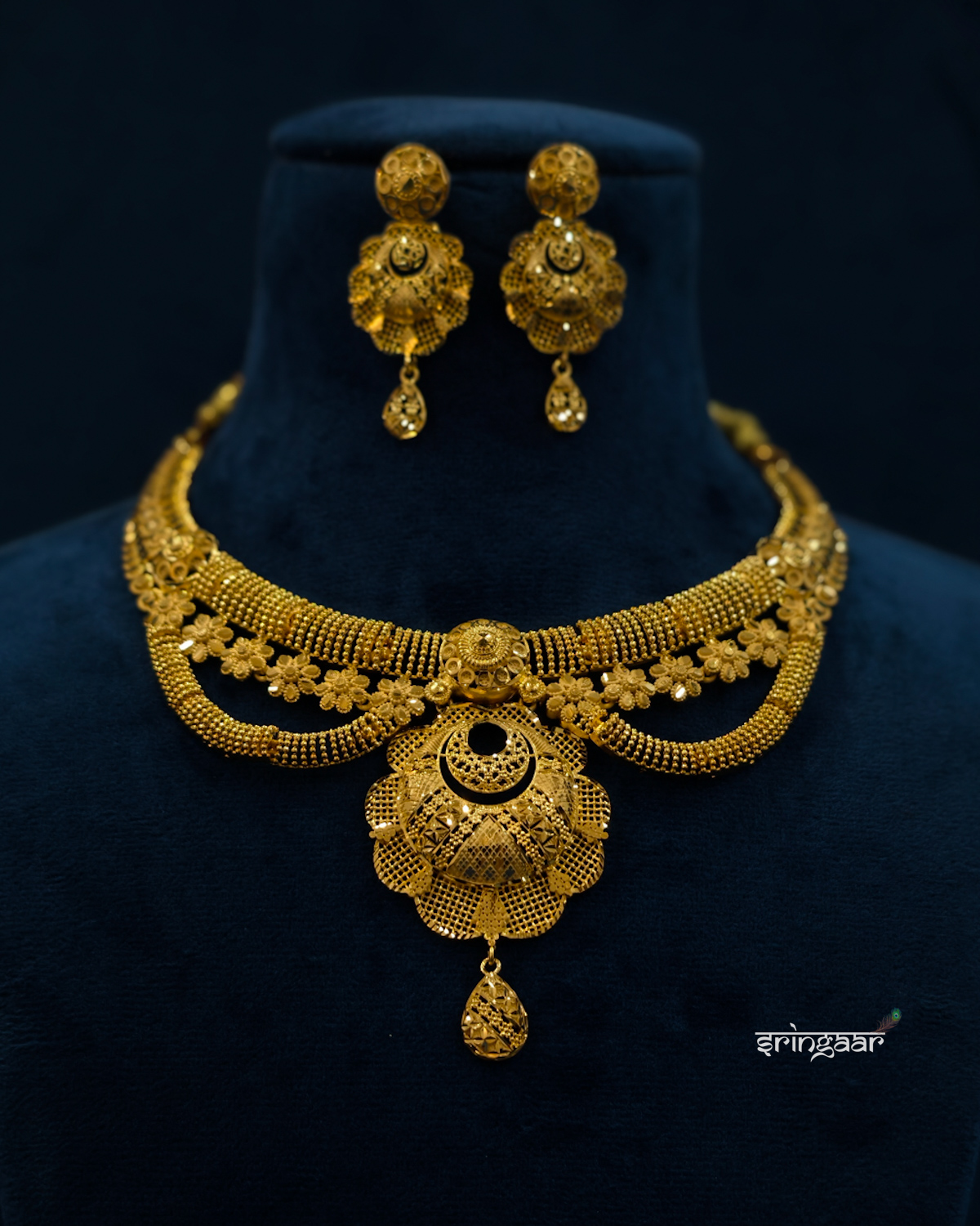 Traditional Layered Floral Gold-Look Necklace Set with Matching Earrings