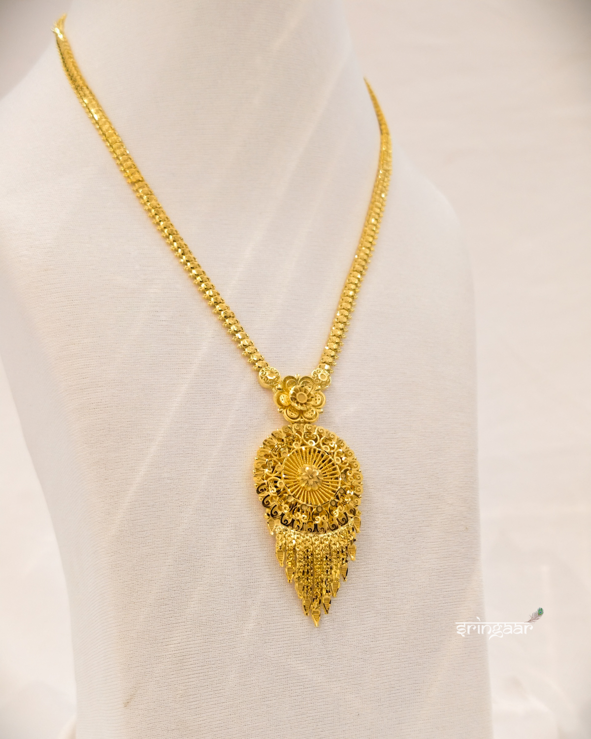 Traditional Floral Tassel Gold-Look Long Necklace