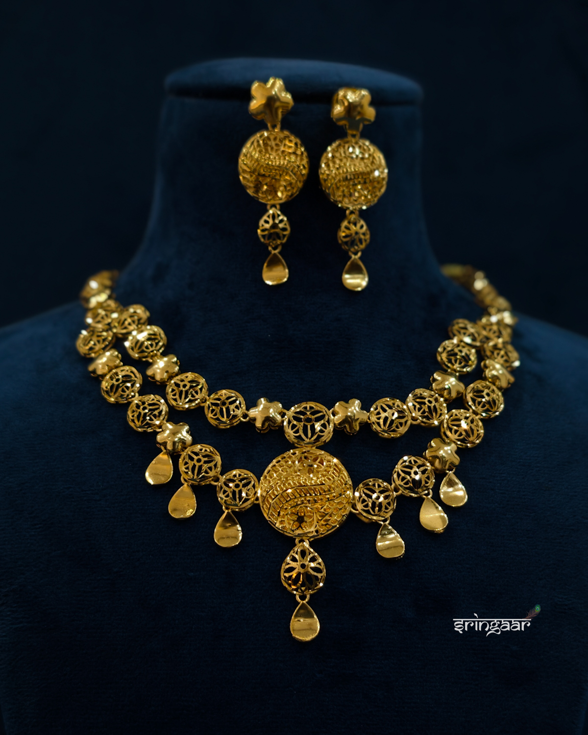 Traditional Double-Layer Filigree Gold-Look Necklace Set with Matching Earrings