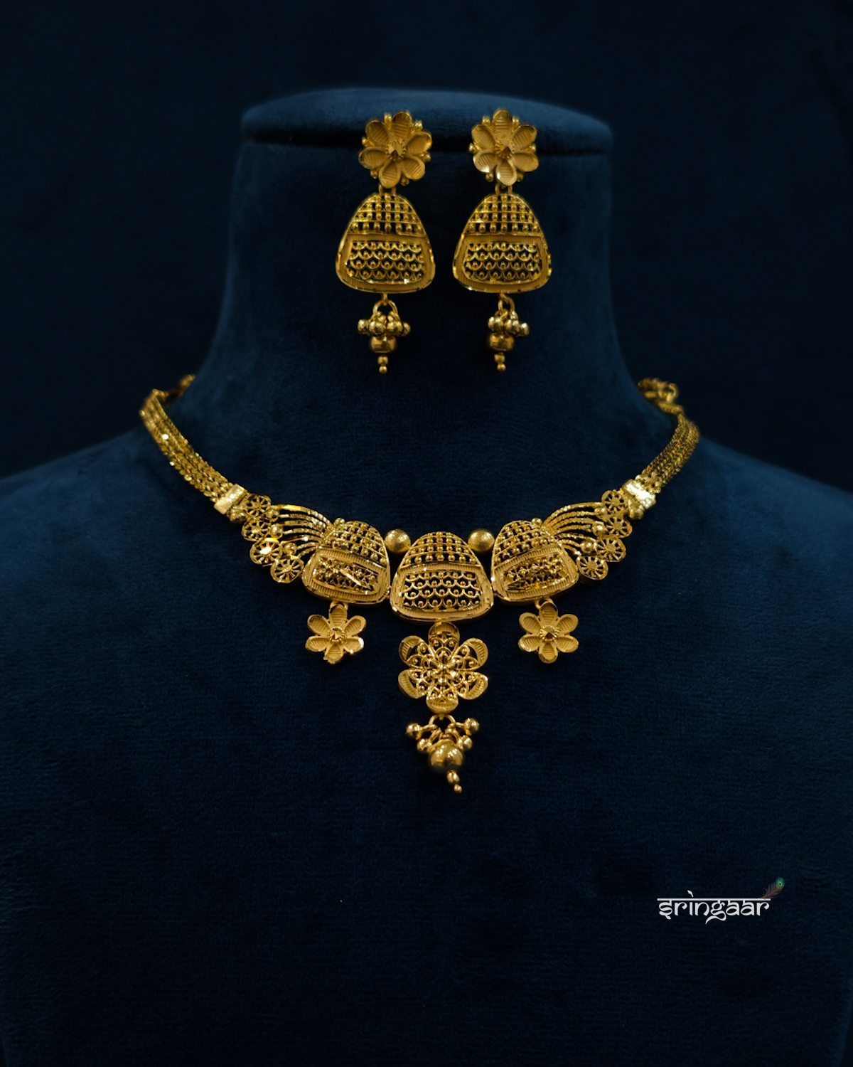 Traditional Floral Jhumki Gold-Look Necklace Set with Matching Earrings