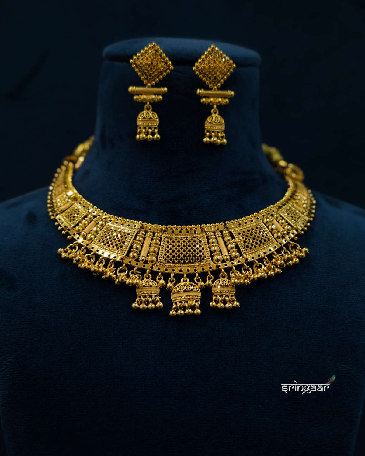 Traditional Geometric Jhumki Gold-Look Choker Necklace Set with Matching Earrings