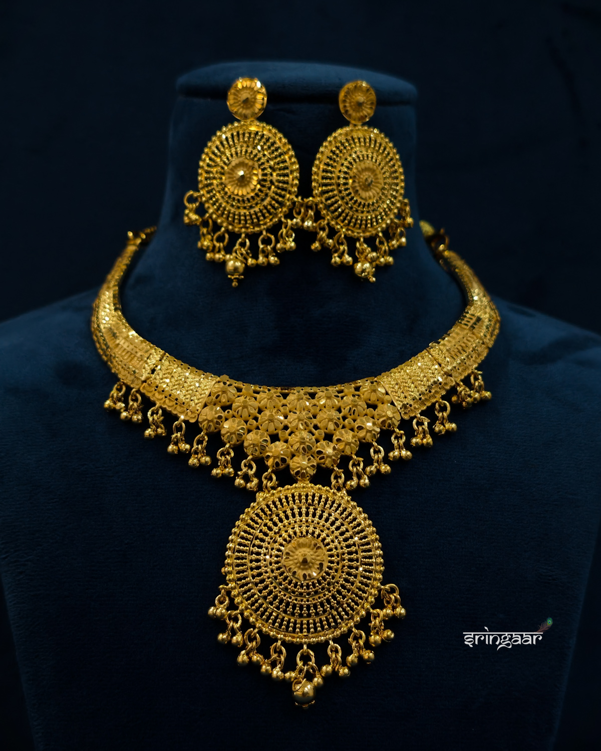 Traditional Floral Medallion Gold-Look Necklace Set with Matching Earrings