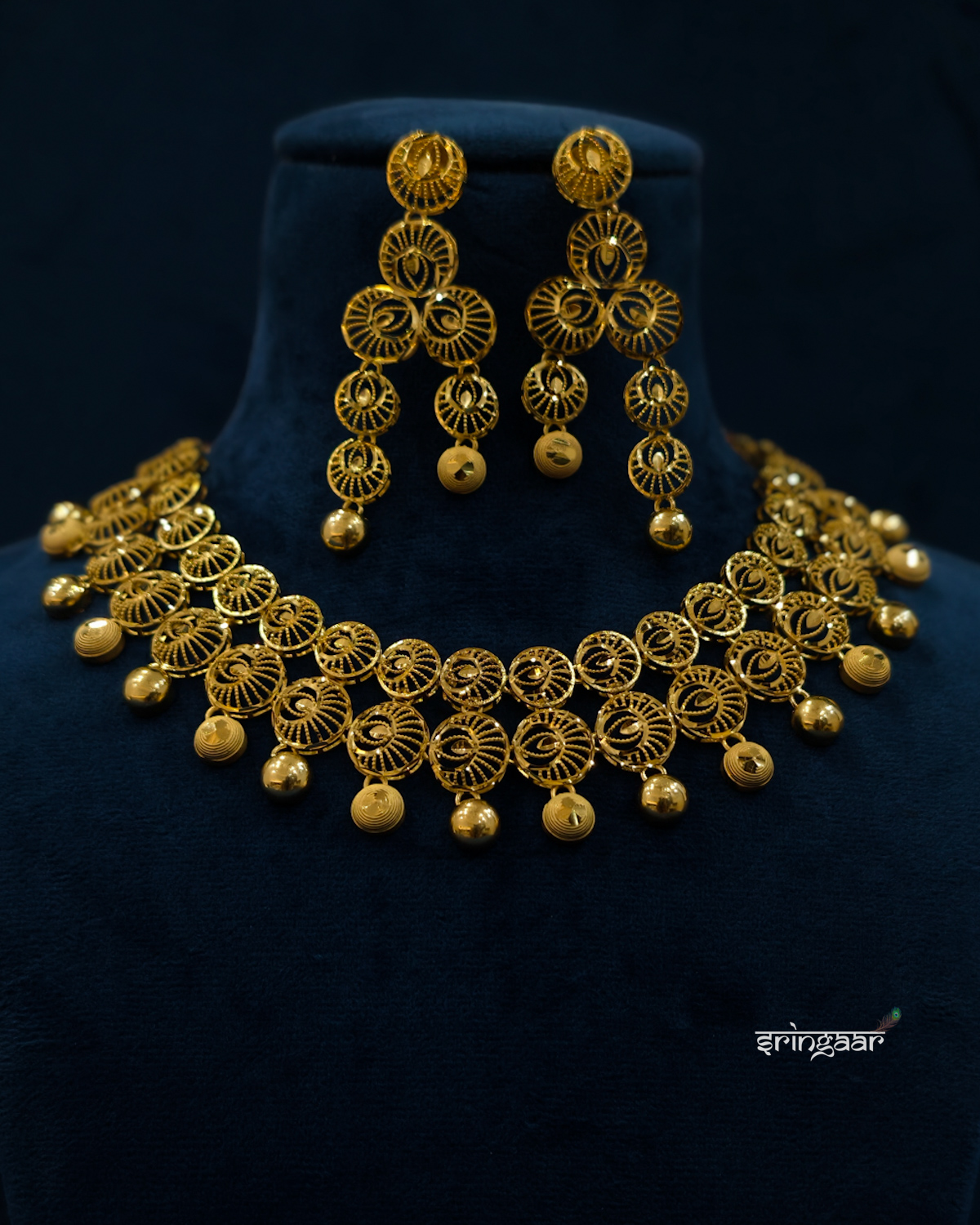 Traditional Circular Filigree Gold-Look Necklace Set with Matching Earrings