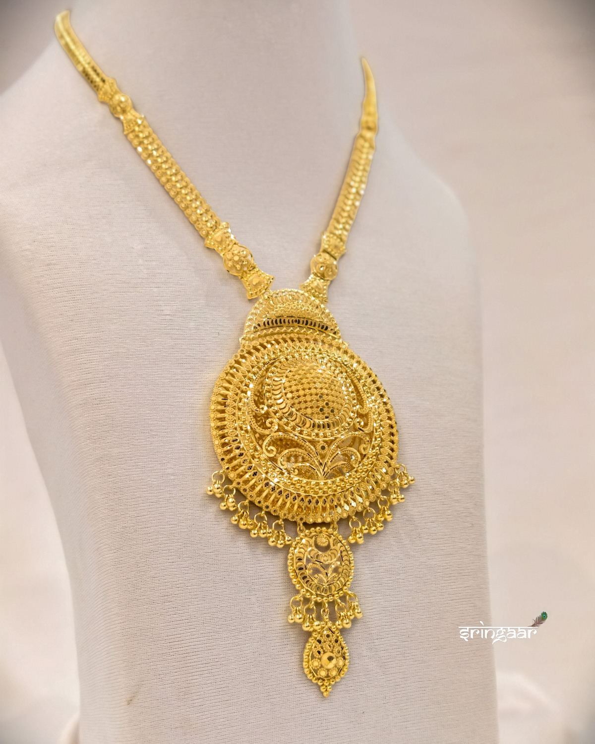 Traditional Ornate Drop Pendant Gold-Look Long Necklace